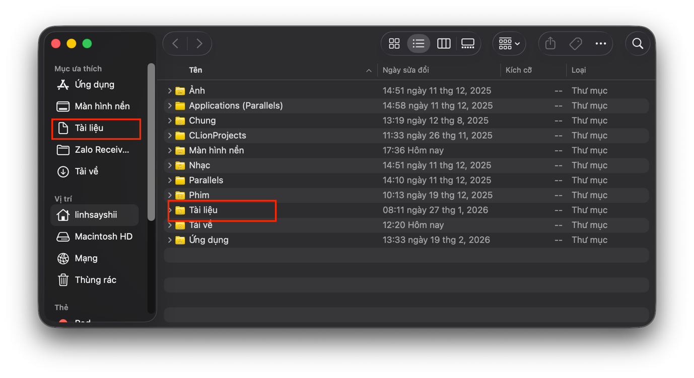Thư mục Documents trong Finder